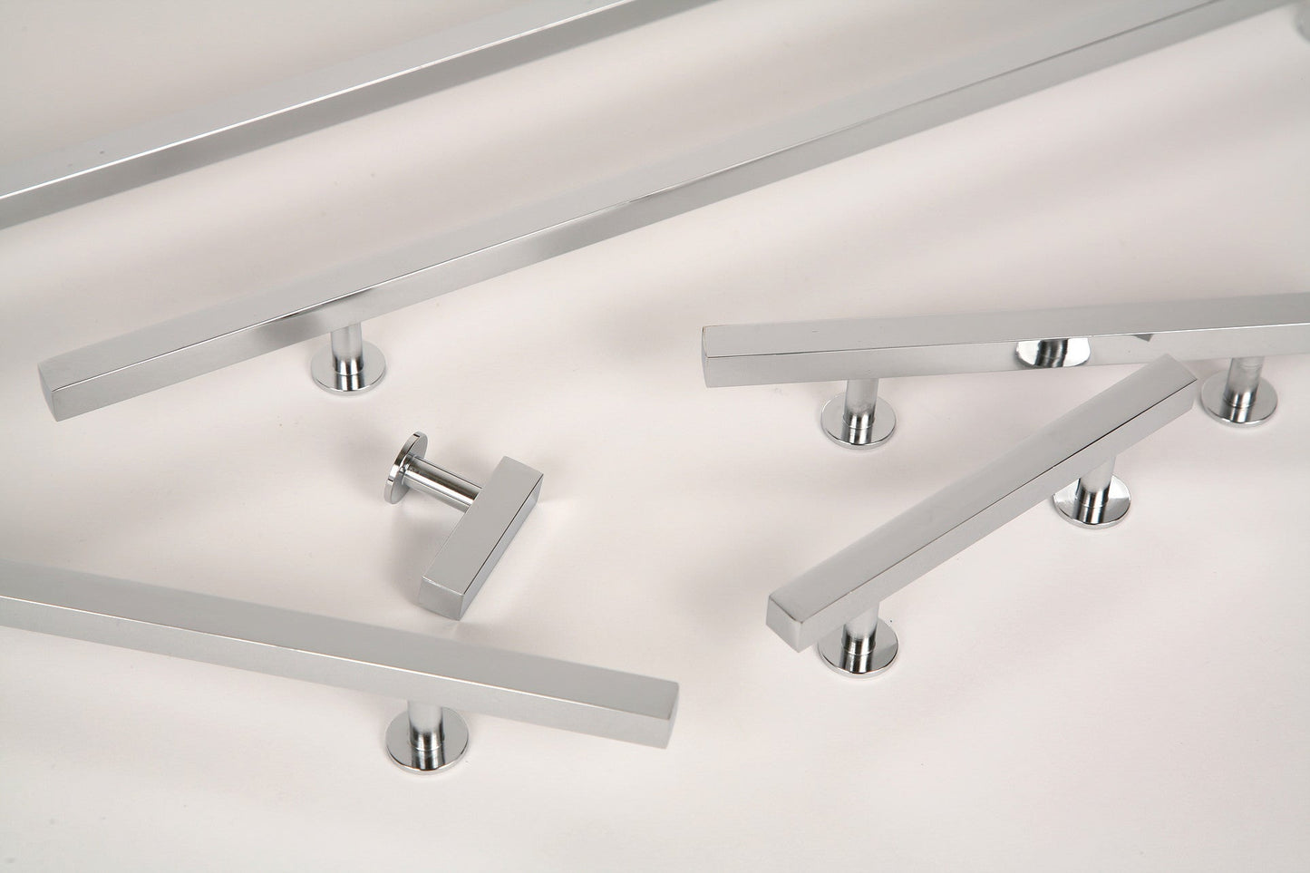 Lew's Square Bar Cabinet Knobs and Pulls in Polished Chrome.