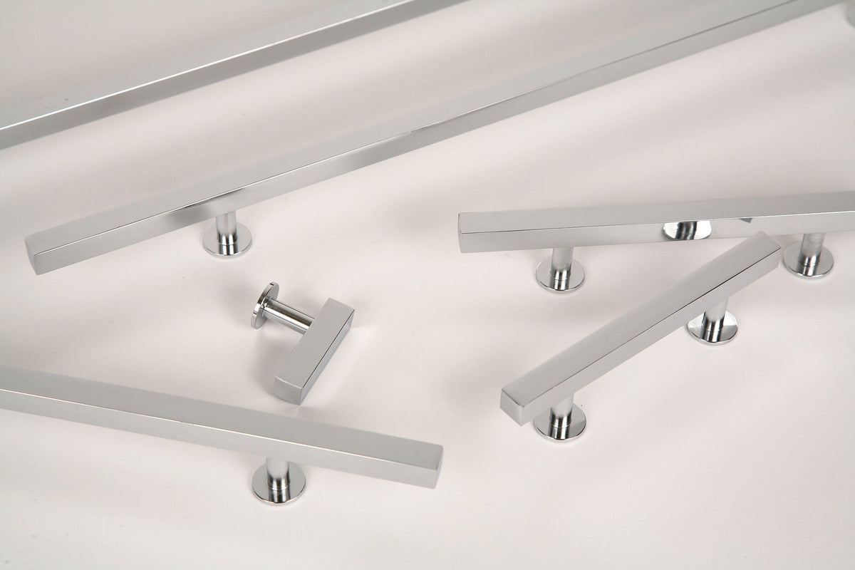 Lew's Square Bar Cabinet Knobs and Pulls in Polished Chrome.