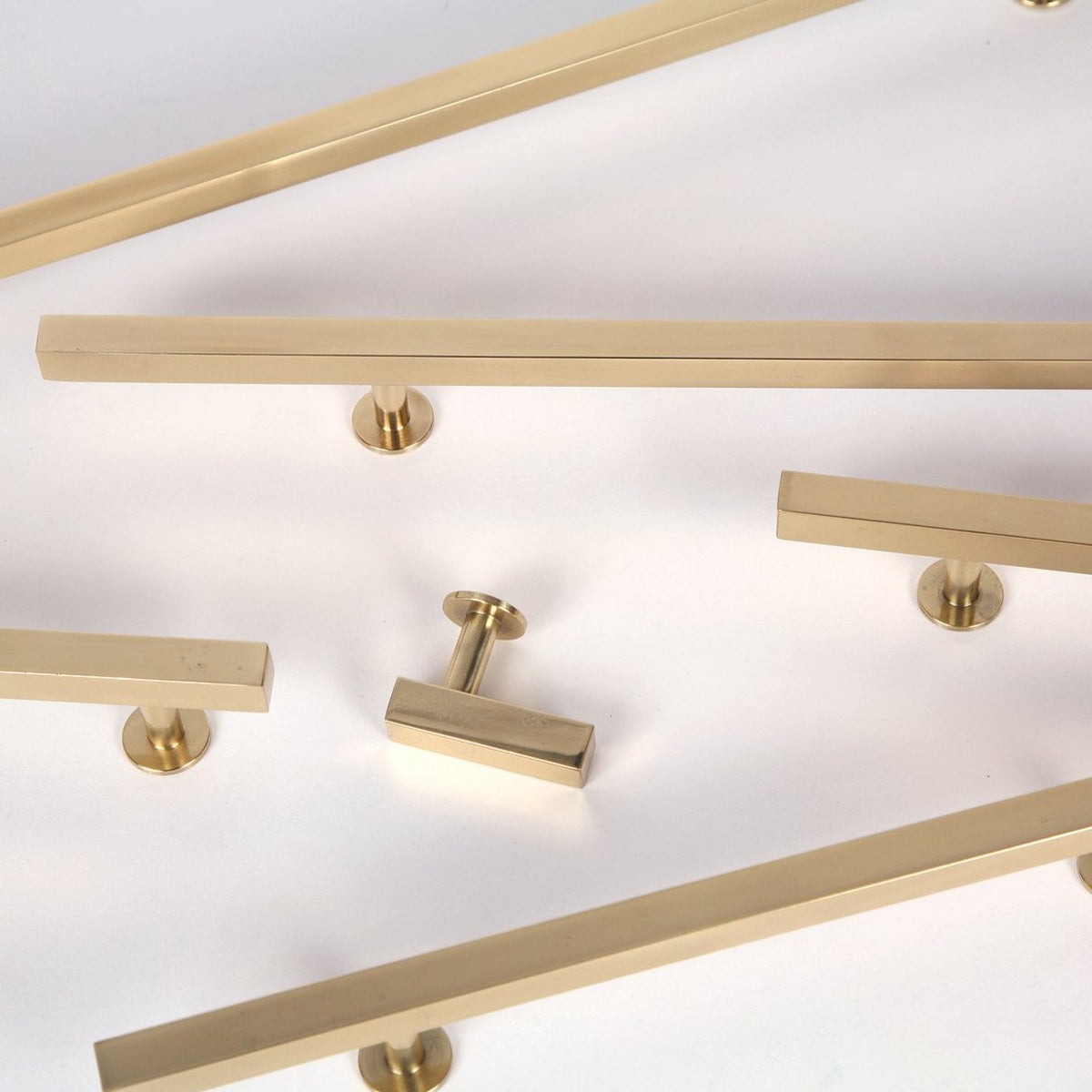 Lew's Square Bar Cabinet Knobs and Pulls in Polished Brass.