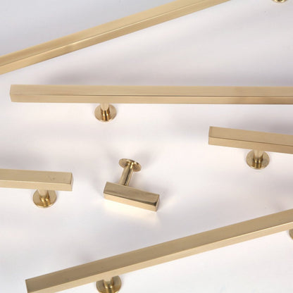 Lew's Square Bar Cabinet Knobs and Pulls in Polished Brass.