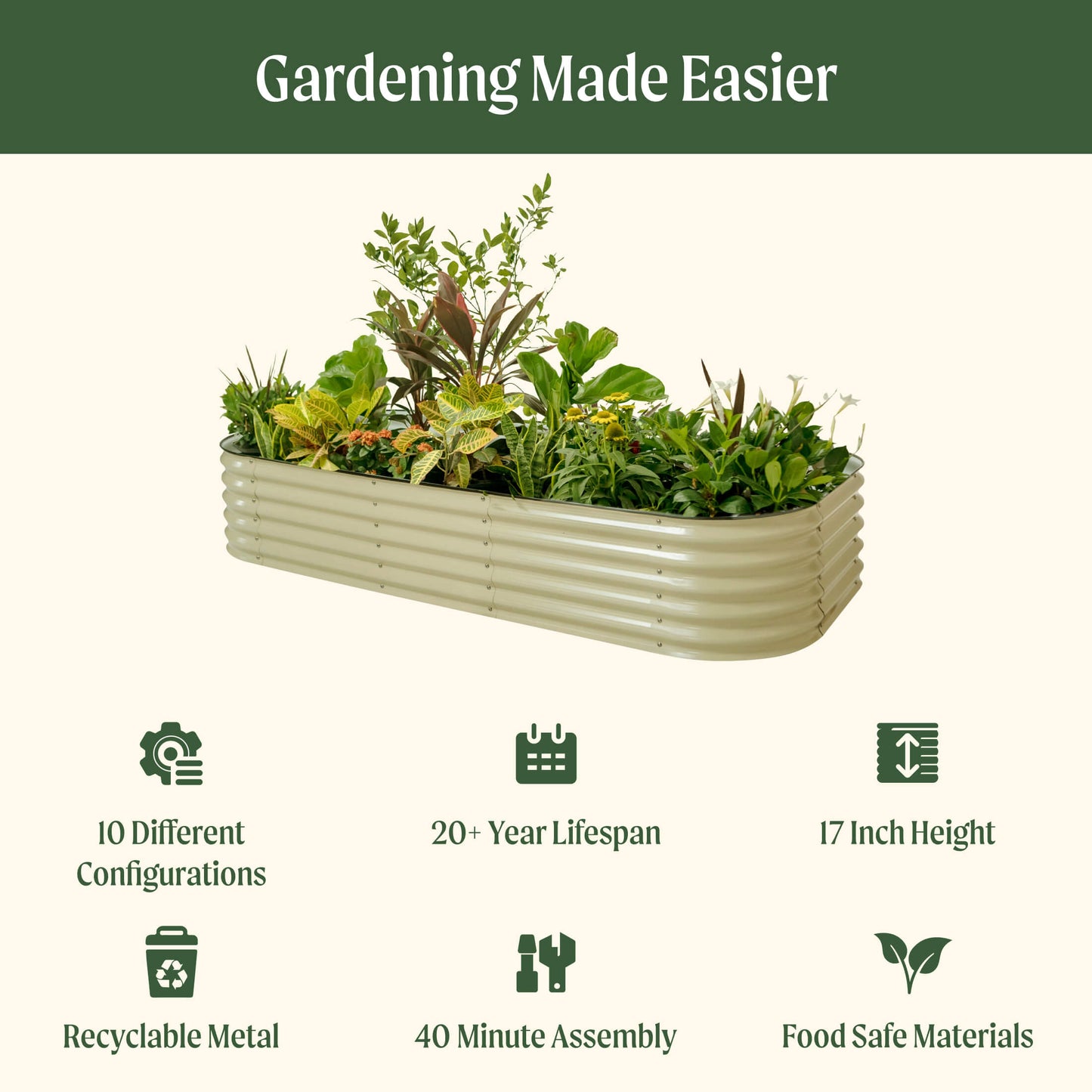 17" Tall 10 In 1 Jumbo Modular Metal Raised Garden Bed Kit.