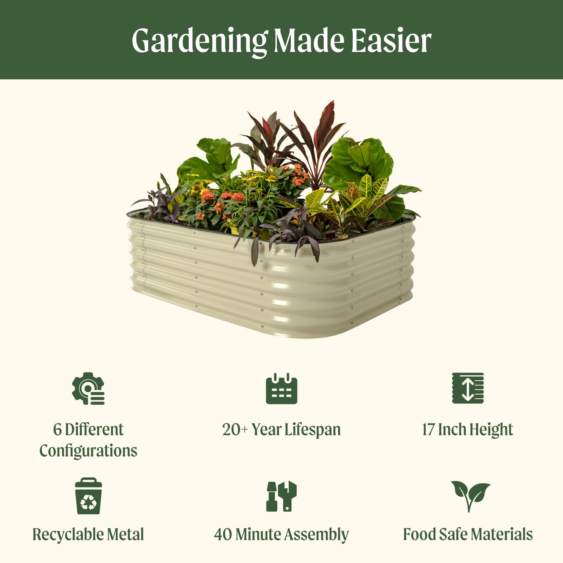 17" Tall 6 In 1 Medium Modular Metal Raised Garden Bed Kit.