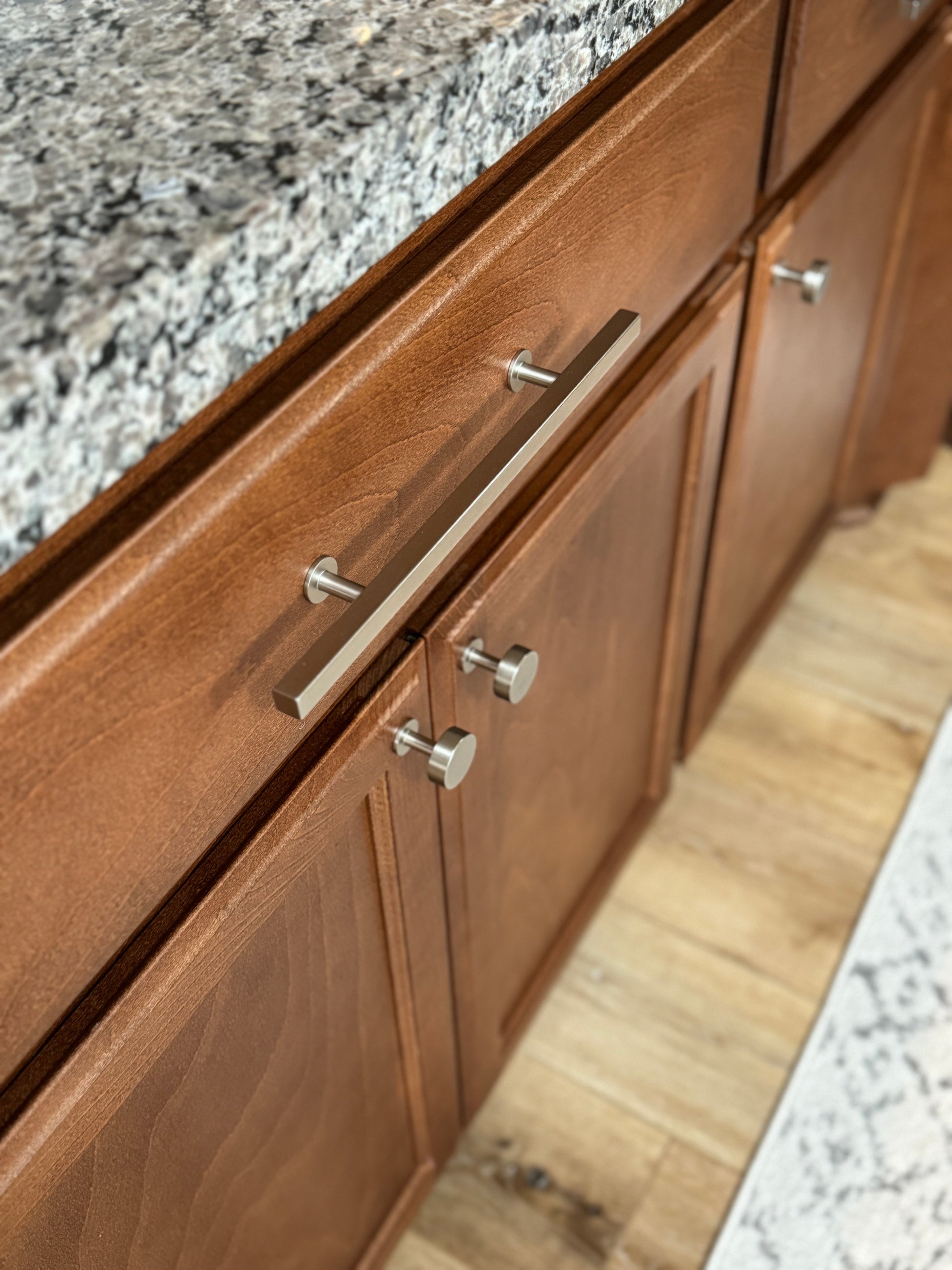 Lew's Square Bar Cabinet Knobs and Pulls in Brushed Nickel.