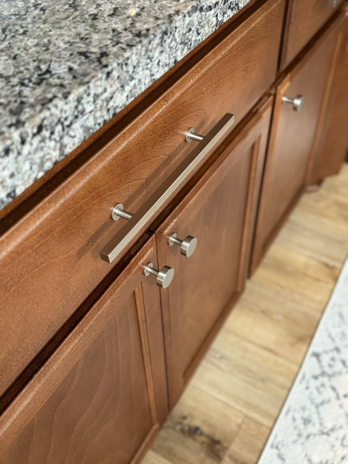Lew's Square Bar Cabinet Knobs and Pulls in Brushed Nickel.