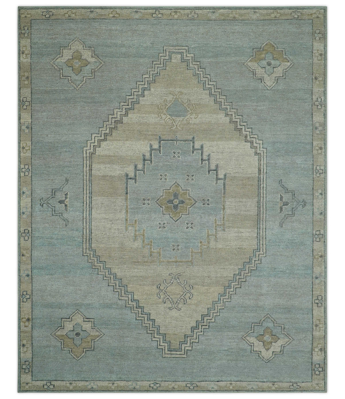 Traditional Medallion Design Blue and Beige Hand Knotted Wool Rug Custom Made.