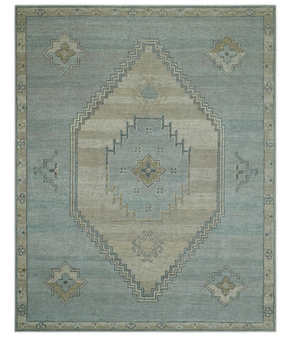 Traditional Medallion Design Blue and Beige Hand Knotted Wool Rug Custom Made.