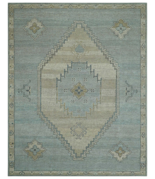 Traditional Medallion Design Blue and Beige Hand Knotted Wool Rug Custom Made.