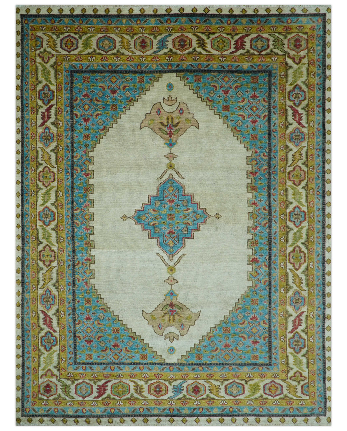 Custom Made Traditional Serapi Design Ivory And Blue Hand Knotted Wool Rug.