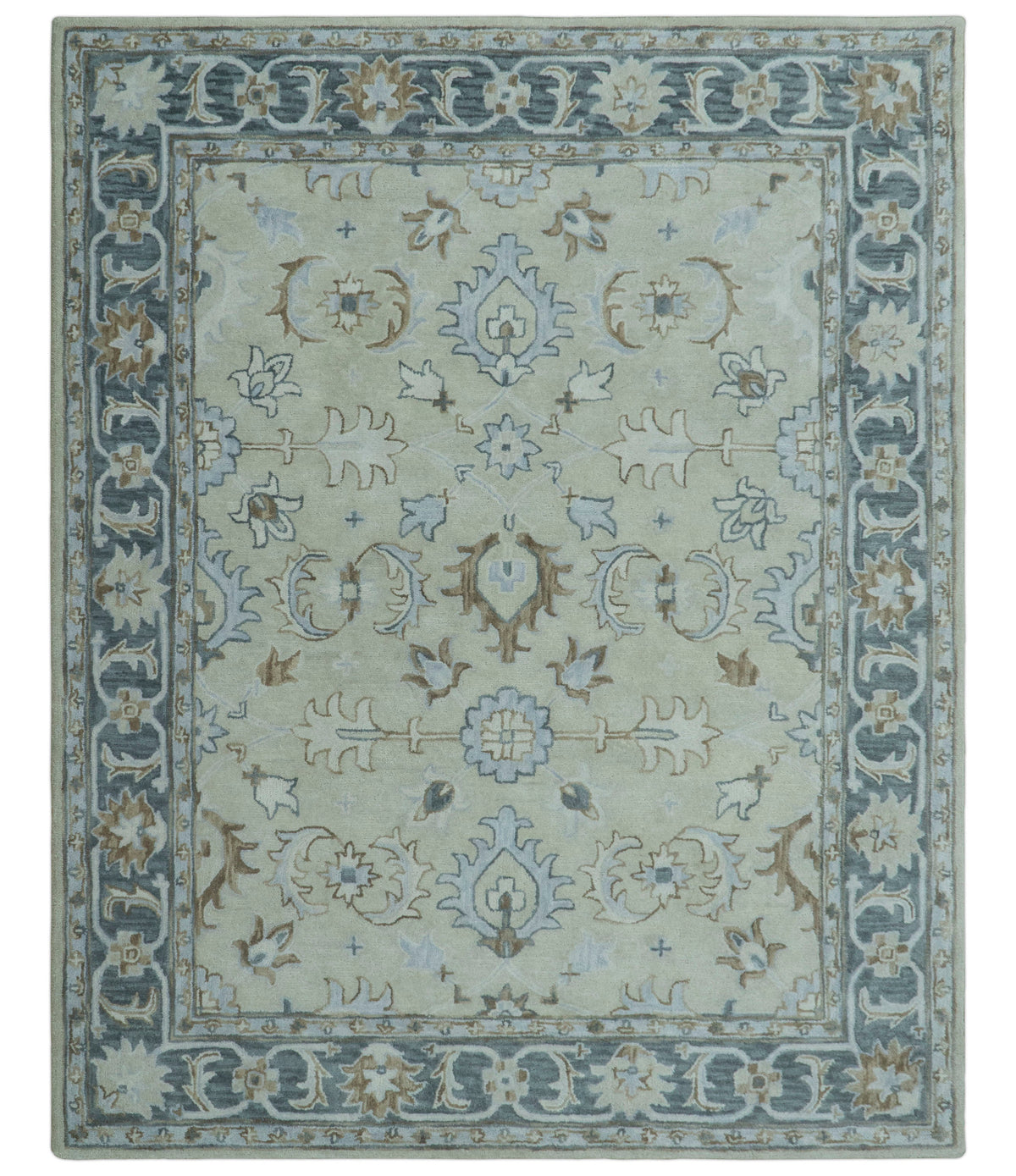 Traditional Oushak Design Beige And Blue Hand Tufted Custom Made Wool Rug.