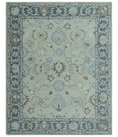 Traditional Oushak Design Beige And Blue Hand Tufted Custom Made Wool Rug.