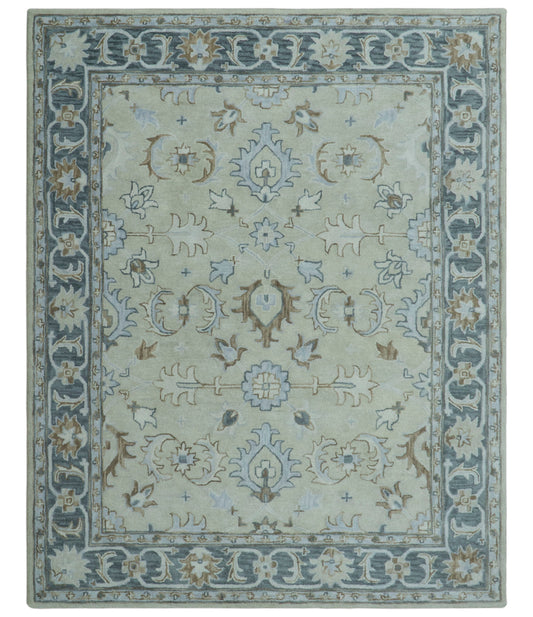 Traditional Oushak Design Beige And Blue Hand Tufted Custom Made Wool Rug.
