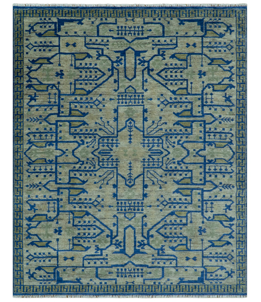 Blue And Beige Modern Design Hand Knotted Custom Made Wool Area Rug.
