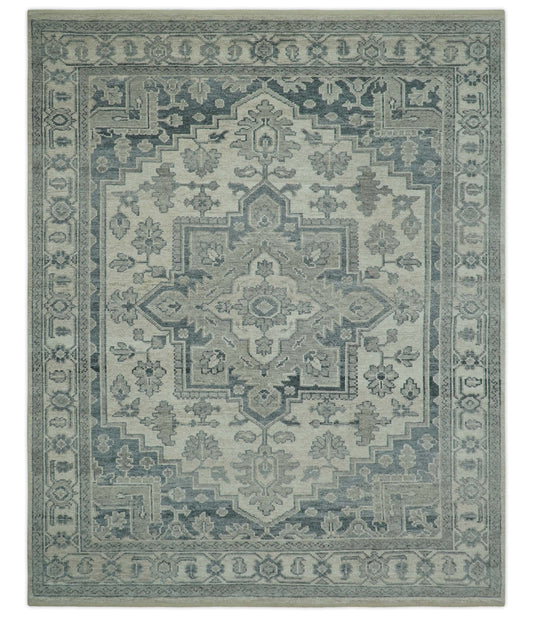 Gray And Beige Turkish Design Hand Knotted Custom Made Wool And Linen Rug.