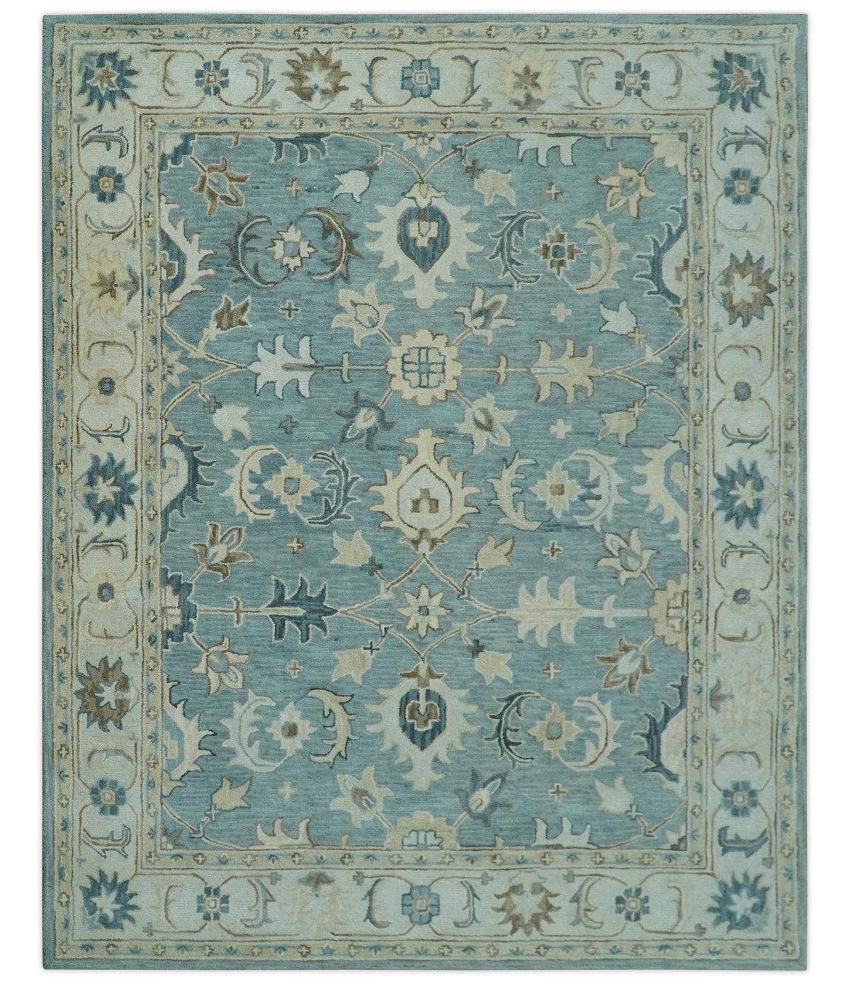 Custom Made Aqua, Ivory and Beige Hand Tufted Oriental Oushak wool area rug.