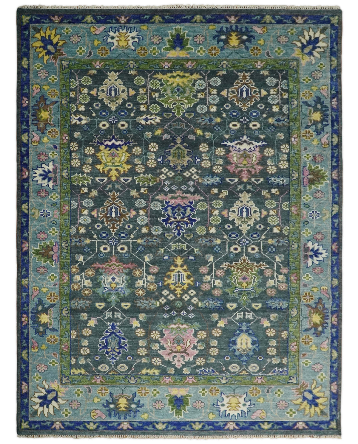 Antique Design Hand Knotted Charcoal, Green Moss and Blue Oushak Custom Made Rug.