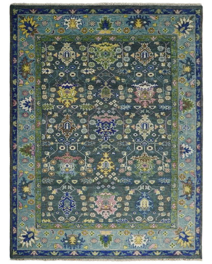 Antique Design Hand Knotted Charcoal, Green Moss and Blue Oushak Custom Made Rug.