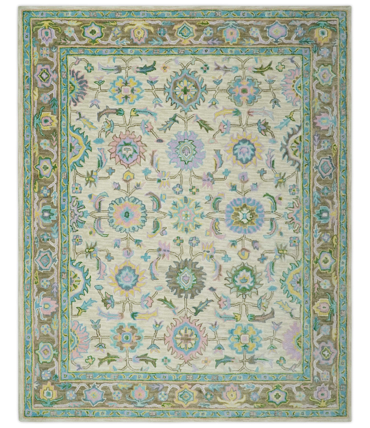 Custom Made Beige, Blue and Purple Traditional Floral Hand Tufted wool rug.