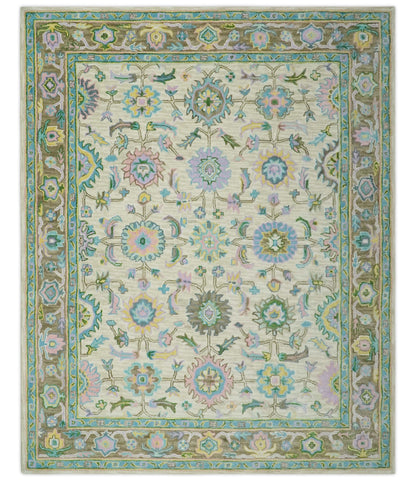 Custom Made Beige, Blue and Purple Traditional Floral Hand Tufted wool rug.