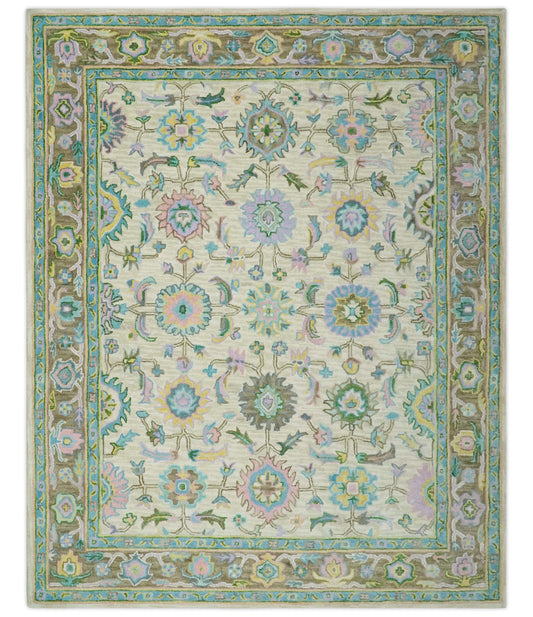 Custom Made Beige, Blue and Purple Traditional Floral Hand Tufted wool rug.