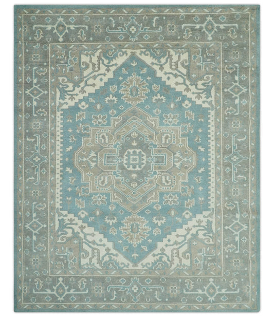 Custom Made Hand Knotted Blue, Ivory, Camel and Gray Traditional Heriz wool rug.