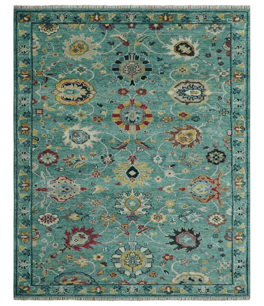 Teal And Yellow Modern Oushak Style Hand Knotted Custom Made Wool Rug.