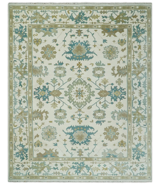 Hand Knotted Ivory, Beige and Teal Traditional Oushak Wool Area Rug.