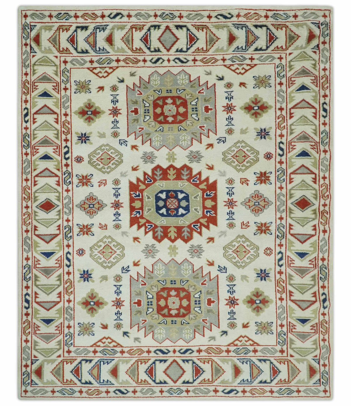 Traditional Mamluk design Ivory, Rust and Olive Hand knotted Multi Size wool rug.