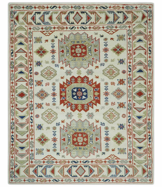 Traditional Mamluk design Ivory, Rust and Olive Hand knotted Multi Size wool rug.