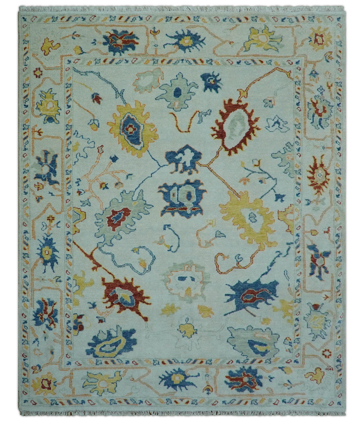 Modern Oushak Ivory And Blue Hand Knotted Wool Rug.