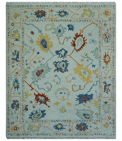 Modern Oushak Ivory And Blue Hand Knotted Wool Rug.