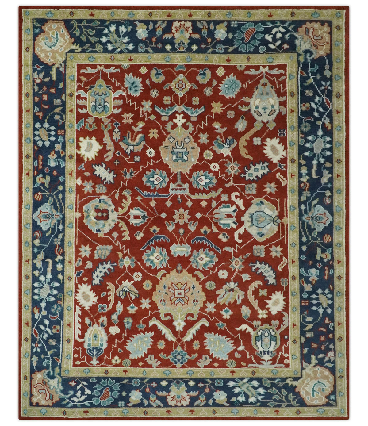 Floral Brown, Blue and Beige Hand Knotted Oriental Oushak Multi Size wool Area Rug.