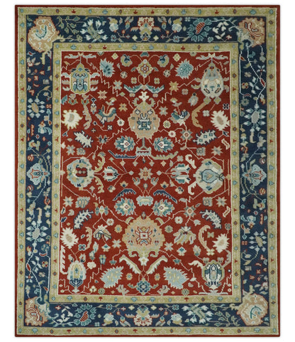 Floral Brown, Blue and Beige Hand Knotted Oriental Oushak Multi Size wool Area Rug.