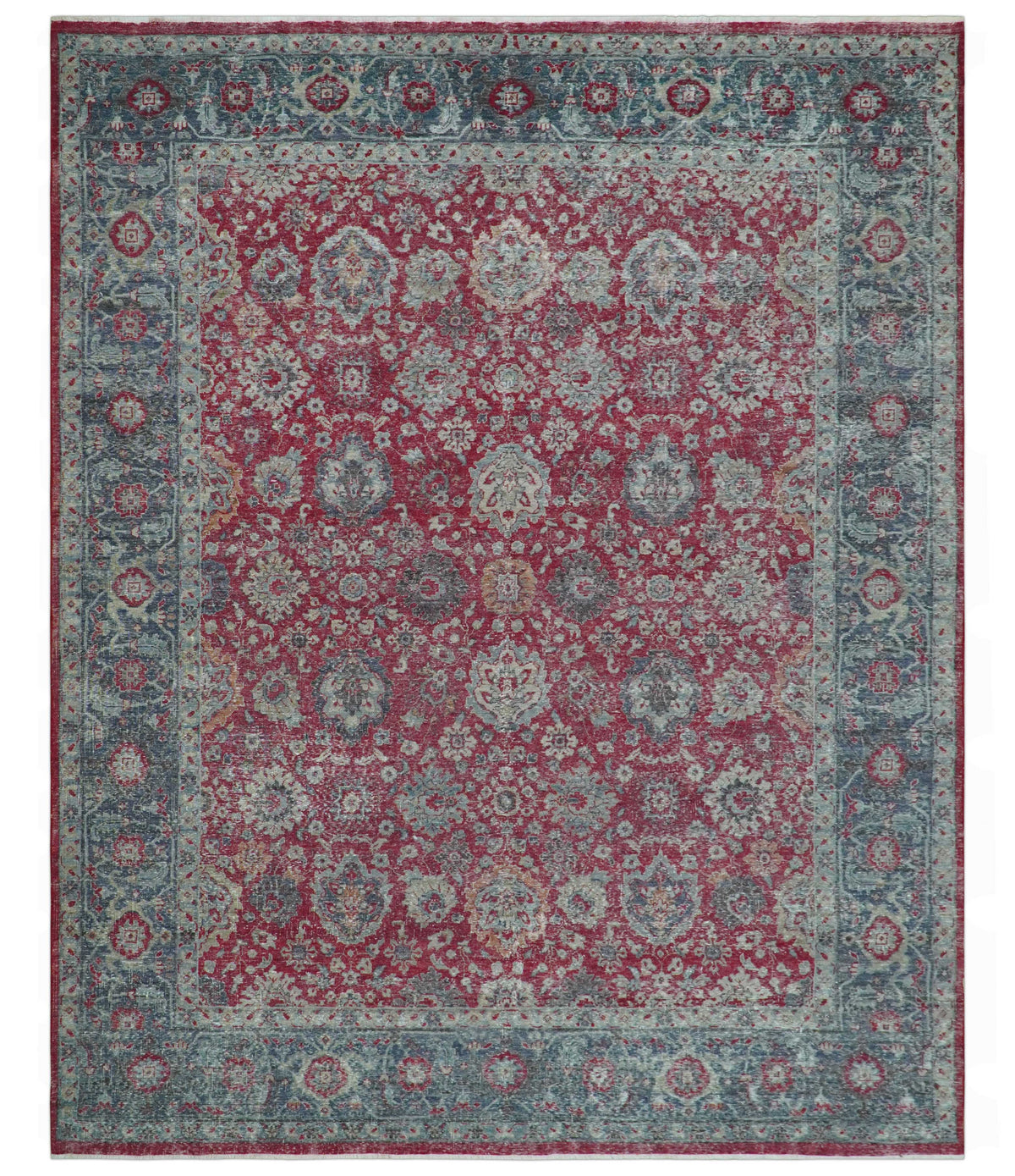Custom Made Traditional Oriental Design Red And Blue Hand Knotted Wool Area Rug.
