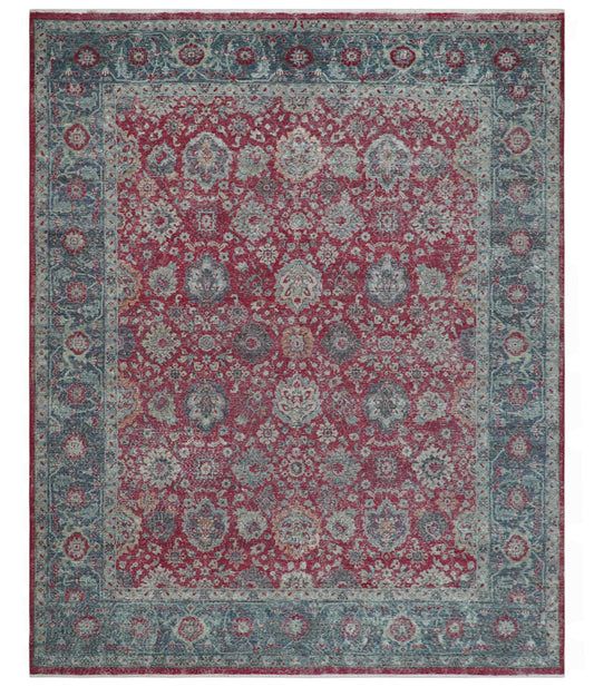Custom Made Traditional Oriental Design Red And Blue Hand Knotted Wool Area Rug.