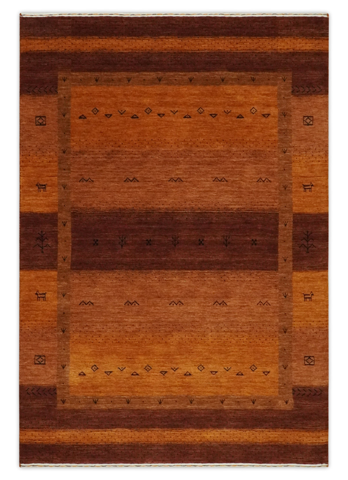 Custom Made geometrical Stripes Design Rust and Brown Hand loom wool Area Rug.