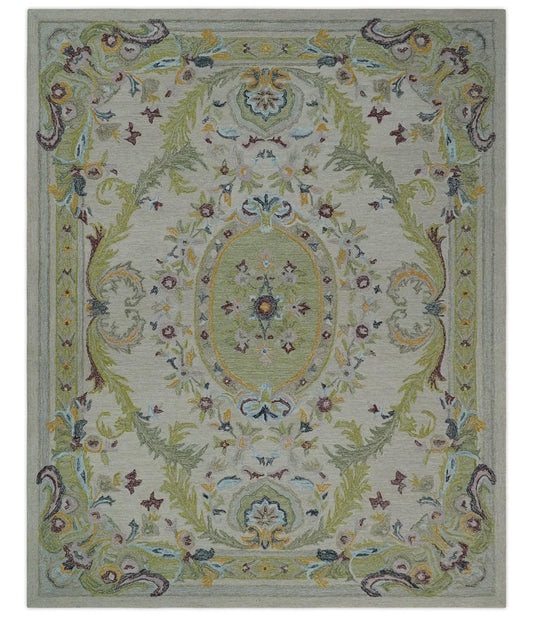 Ivory and Green Custom Made French Design Aubusson Hand Tufted Wool Area Rug.
