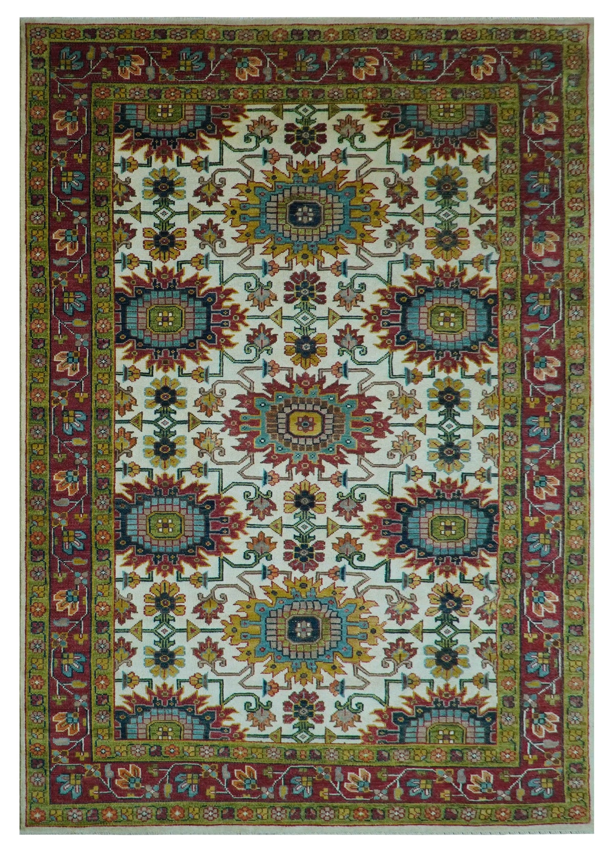 Custom Made Ivory And Maroon Traditional Floral Motifs Design Hand Knotted Wool Rug.