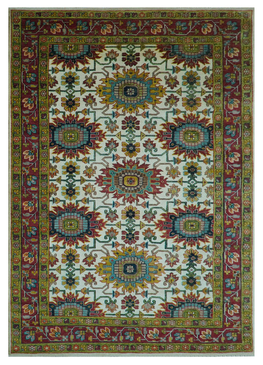 Custom Made Ivory And Maroon Traditional Floral Motifs Design Hand Knotted Wool Rug.