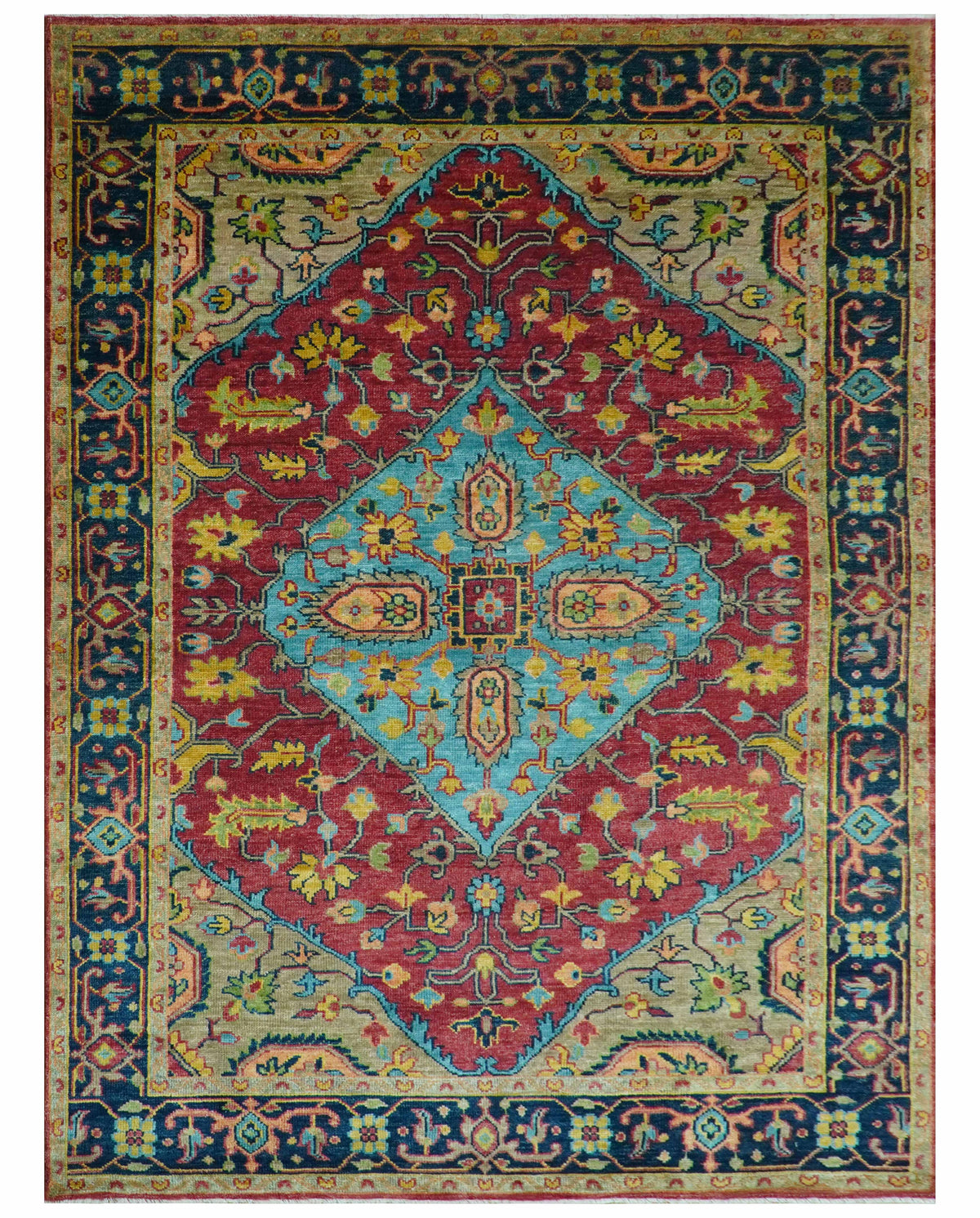 Custom Made Traditional Heriz Design Maroon And Olive Hand Knotted Wool Rug.