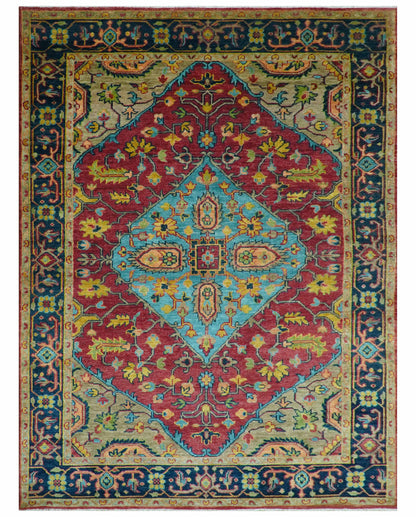 Custom Made Traditional Heriz Design Maroon And Olive Hand Knotted Wool Rug.