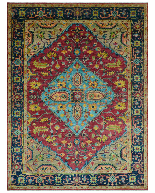 Custom Made Traditional Heriz Design Maroon And Olive Hand Knotted Wool Rug.