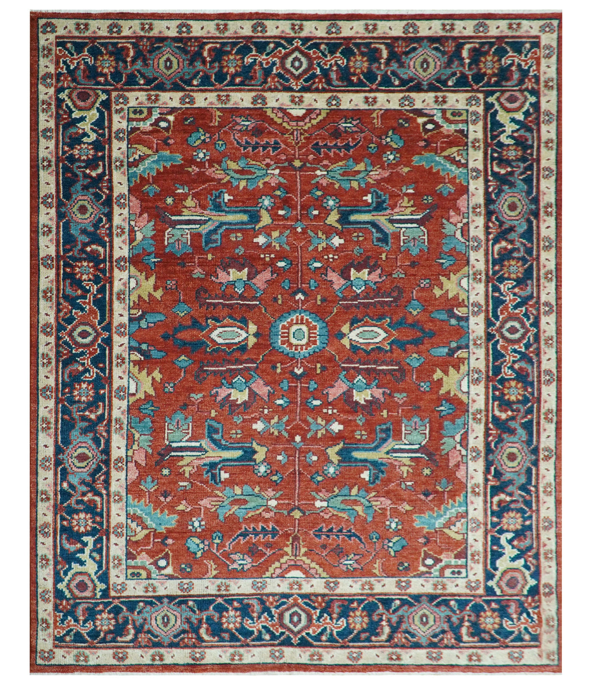 Custom Made Red And Blue Traditional Hand Knotted Wool Rug.