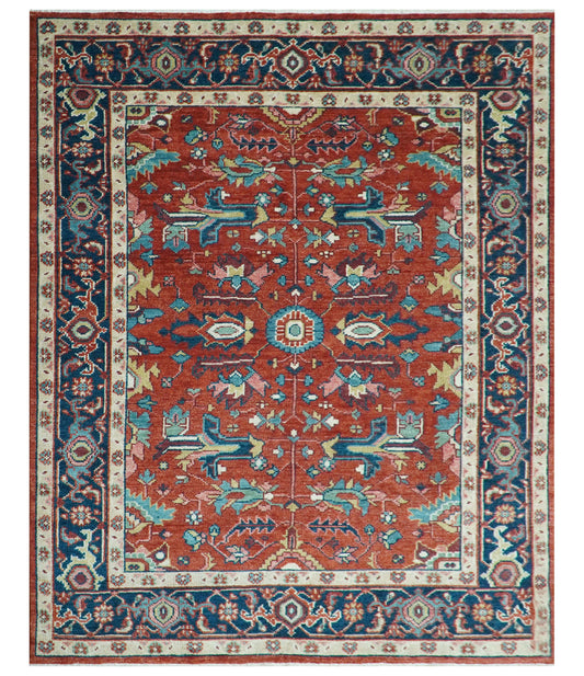 Custom Made Red And Blue Traditional Hand Knotted Wool Rug.