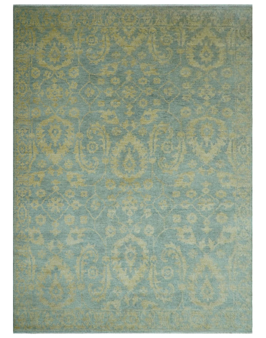 Custom Made Blue And Beige Traditional Floral Hand Knotted Wool Rug.