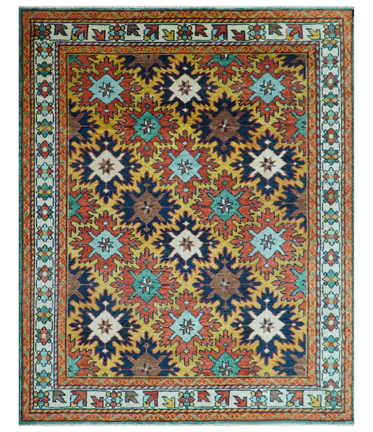 Custom Made Multicolor Vintage Geometric Design Hand Knotted Wool Rug.