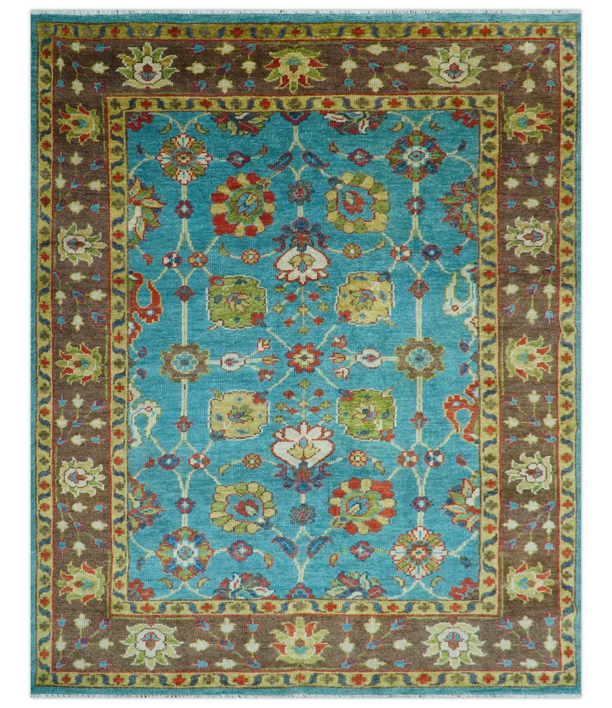 Custom Made Blue And Brown Traditional Floral Hand Knotted Wool Rug.