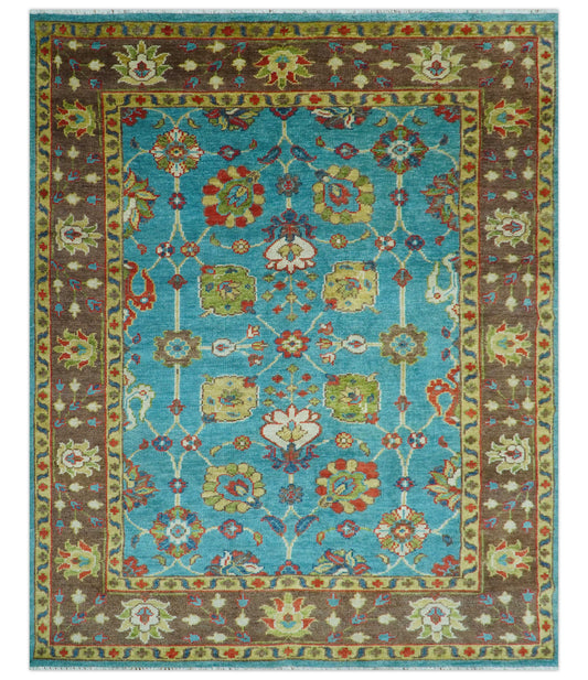 Custom Made Blue And Brown Traditional Floral Hand Knotted Wool Rug.