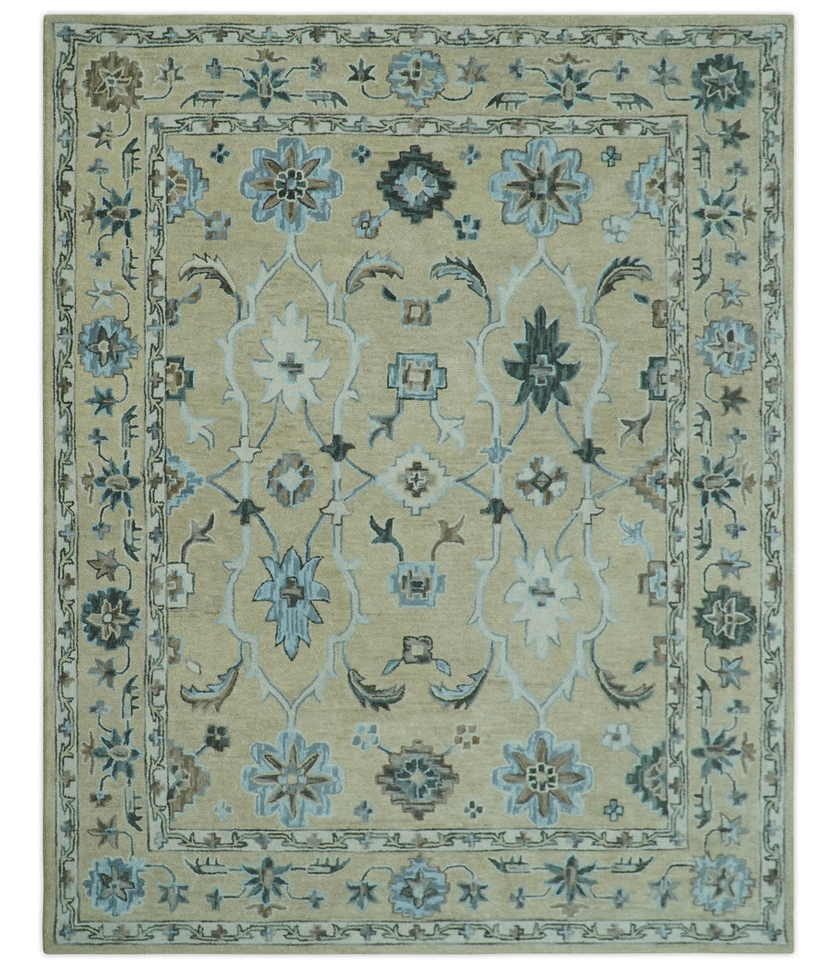 Custom Made Beige, Ivory and Blue Hand Tufted Floral Oriental Oushak wool area rug.