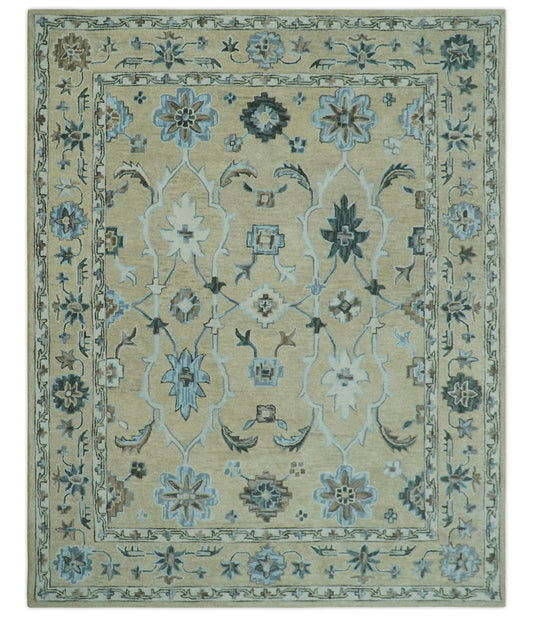 Custom Made Beige, Ivory and Blue Hand Tufted Floral Oriental Oushak wool area rug.