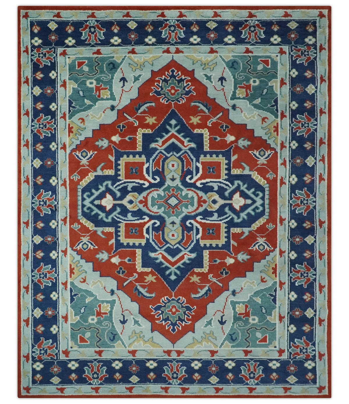 Custom Made Rust, Blue and Silver hand knotted Traditional Heriz wool area rug.